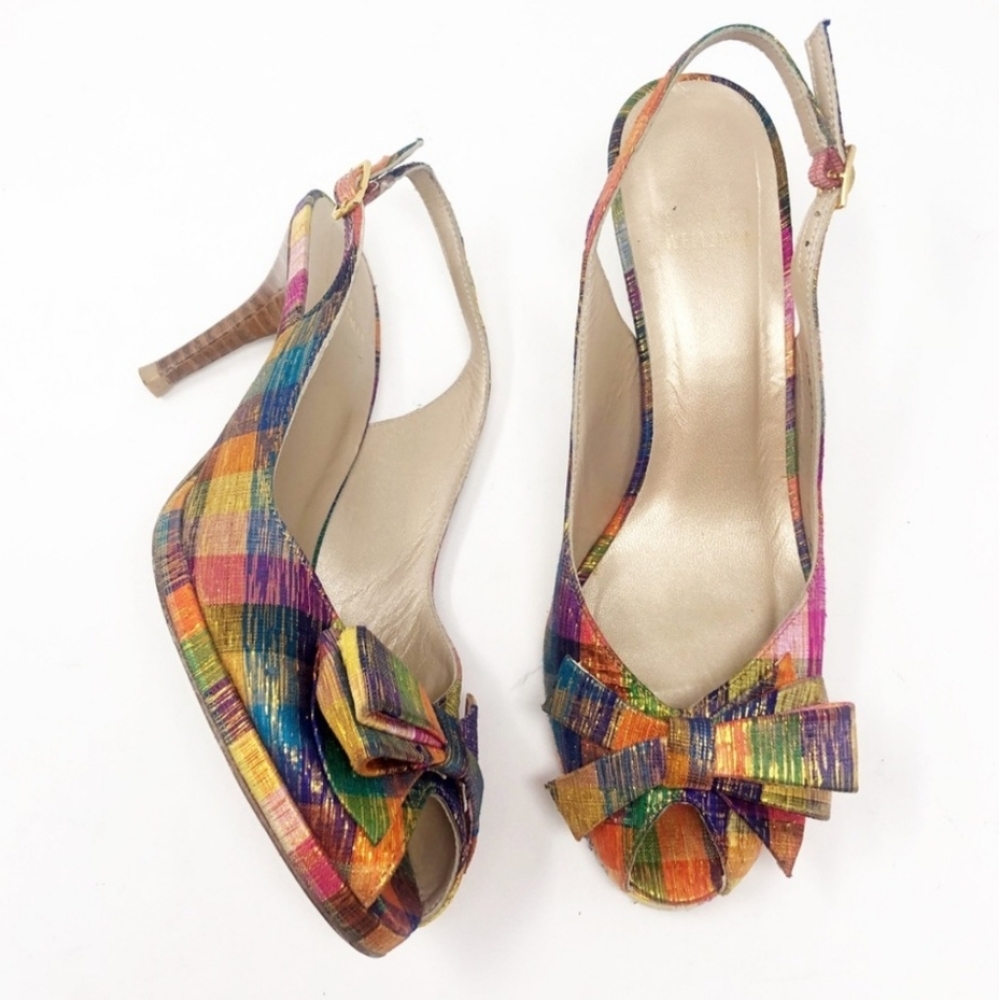 Stuart Weitzman Silk Tinsel Plaid Bow Sandel Slingback Heels